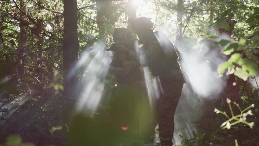 Soldiers are standing in the forest with rifles