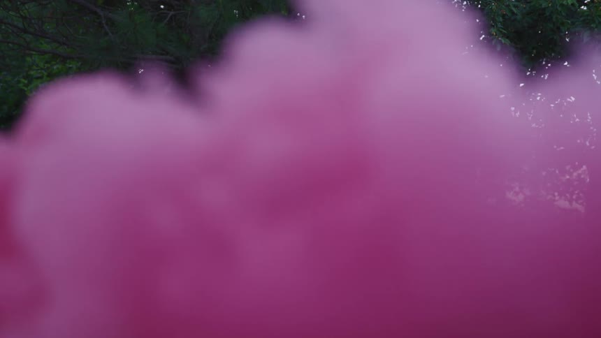 Pink smoke billows showing glimpses of a man in tactical gear kneeling in the grass pointing a gun
