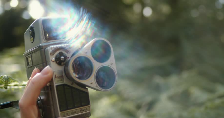Woman holding a vintage film camera in a forest at evening