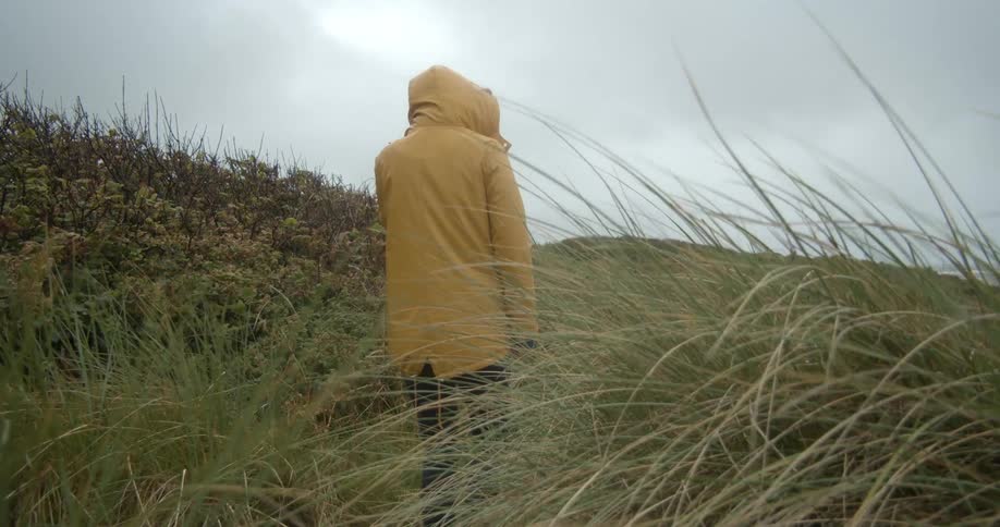 Person wearing hooded yellow jacket walks along tall grass on coastal bluff