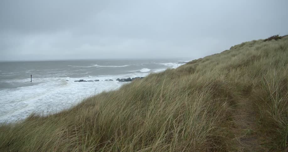 Coastline hill with grass blowing in the wind as waves roll in on a cloudy day