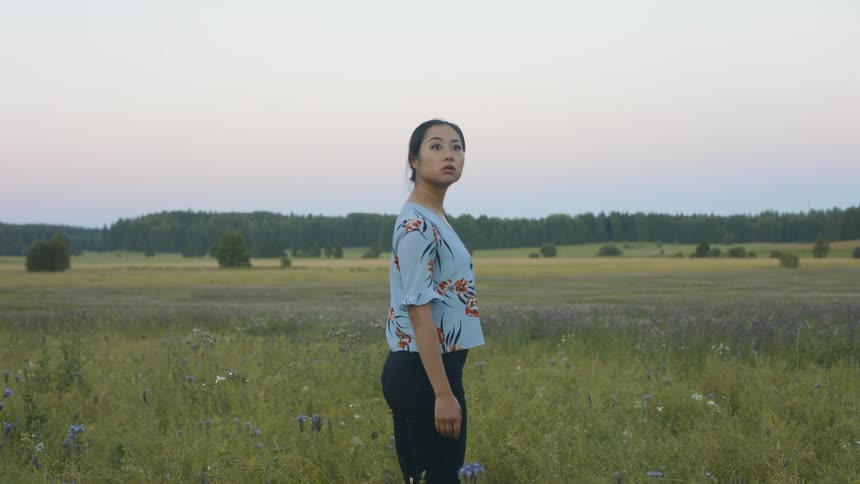 A young woman standing in a grassland during the day suddenly turns around to look at something in the sky behind her
