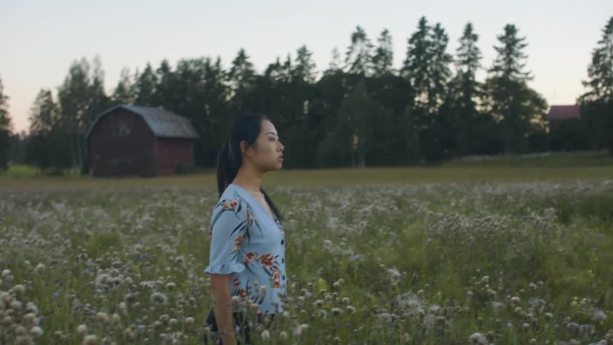 A woman walks through a field