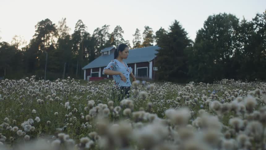 An asian woman moves her arms slowly while standing outside in a field at dusk