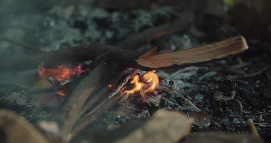 A person places a branch of a small campfire in the soil during the day