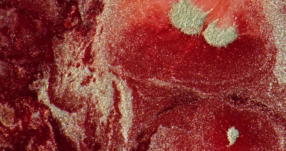 Bright red and gold liquid ink flowing over a surface creating abstract chaotic patterns