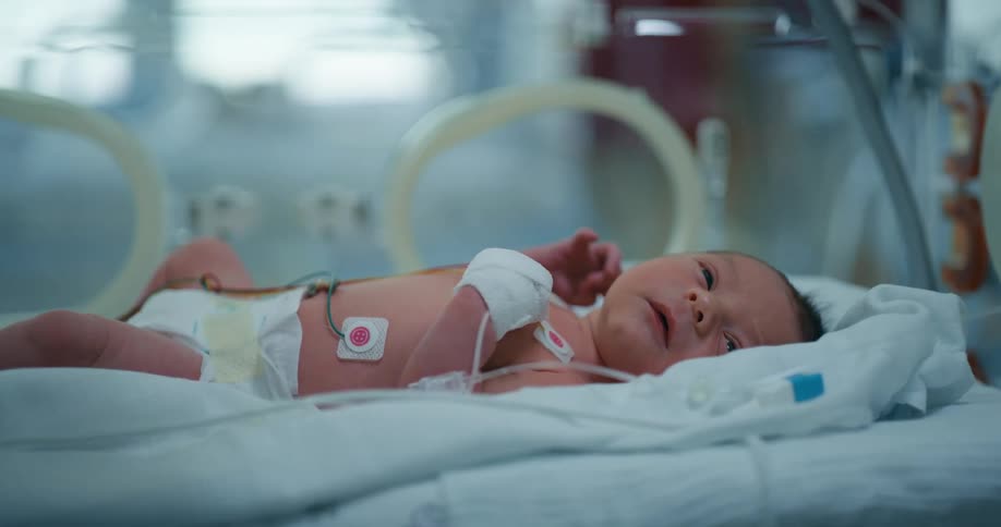 A doctor adjusts medical equipment as a newborn lies in an incubator
