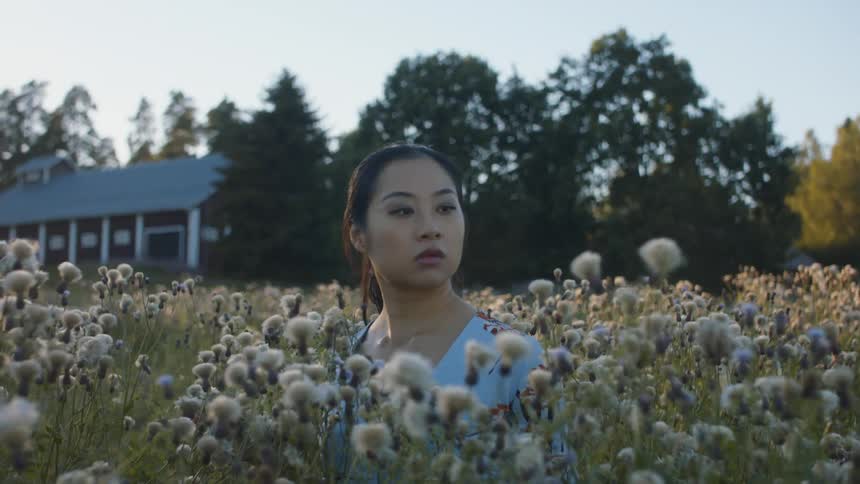 A woman stands in s field with wildflowers outside a house at dusk