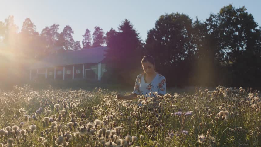 A woman walks through a field