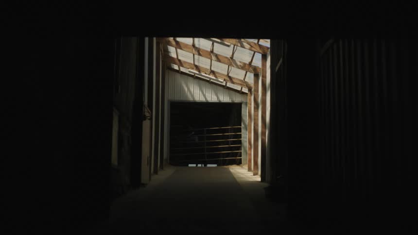 Sunlit corridor connects shadowed room with interior corral horse and rider move through