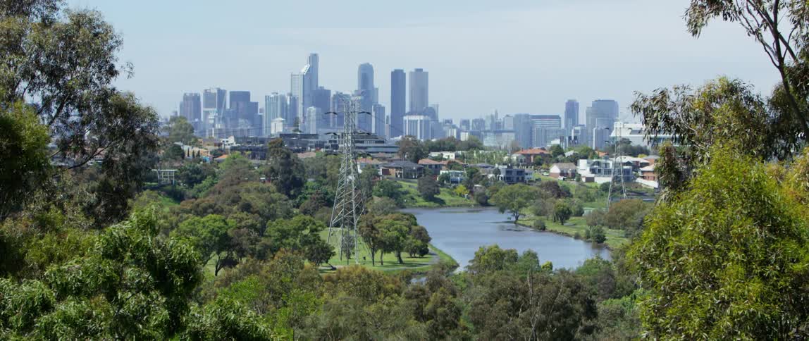 A pond surrounded by trees with the city skyline the sky and clouds in the background