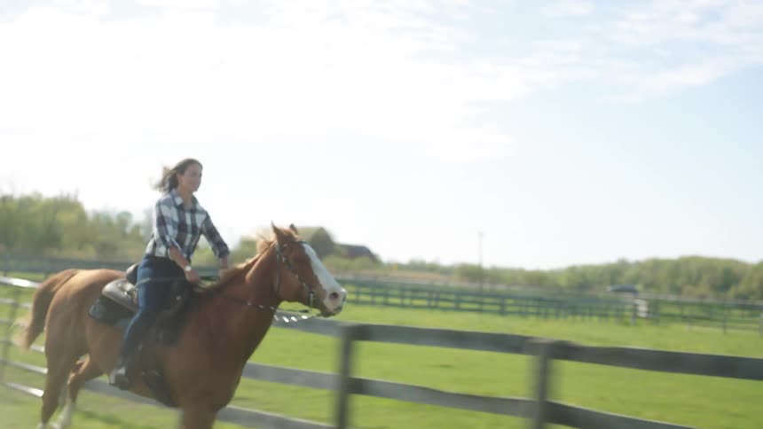A woman rides a horse as it runs past a serious of fenced enclosures