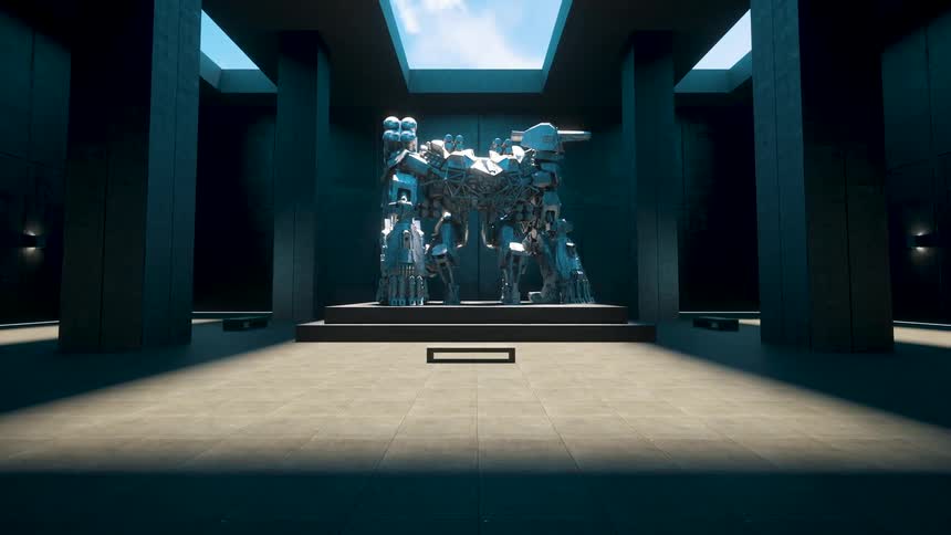 A museum with a mechanical sculpture and pillars with the sky and clouds above