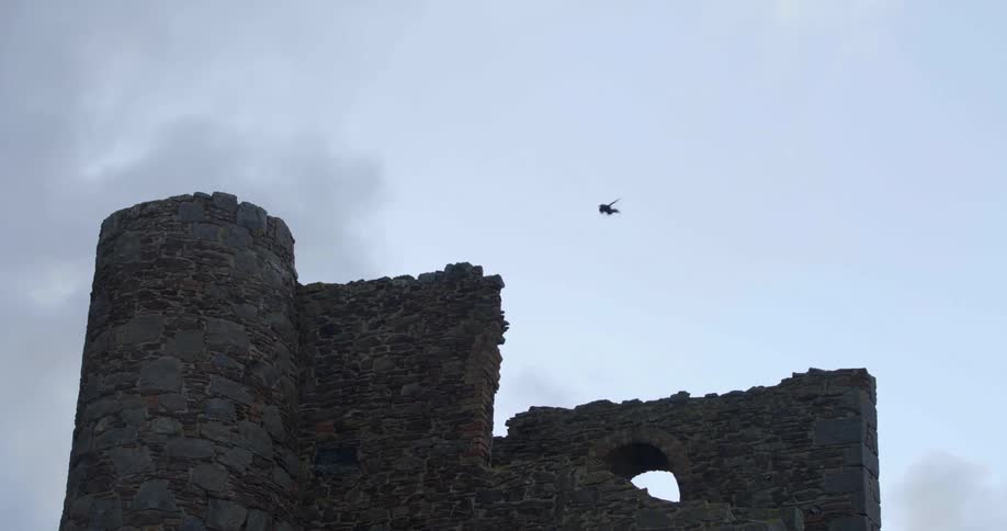 Birds flying over the cobblestone walls of a ruined building at evening