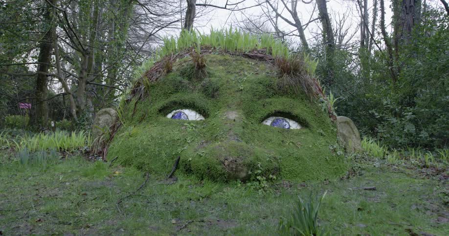 A dirt sculpture of a face covered in grass and other flora