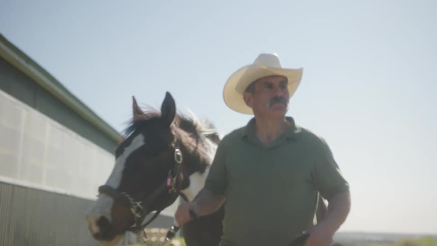 Man wearing a white cowboy hat guides a horse through a road in a ranch
