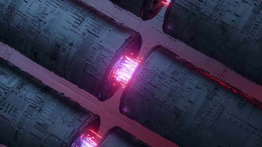 Bright lights shooting between columns