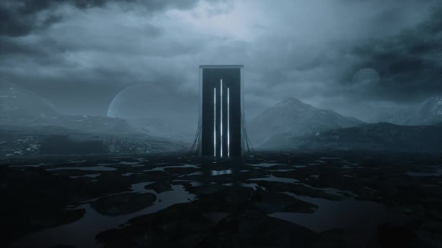 A digital monolith flashes lights in a science fiction landscape