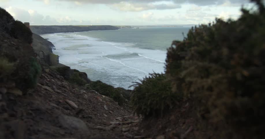 A narrow gap in vegetation on the rocky cliffs above an ocean coast during the day