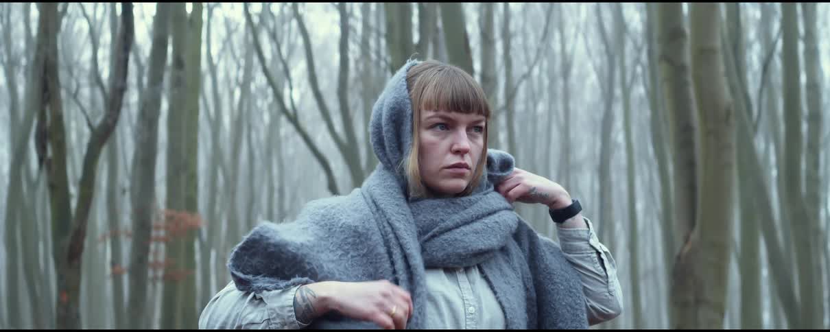 A woman is wearing a coat and standing outdoors in a forest