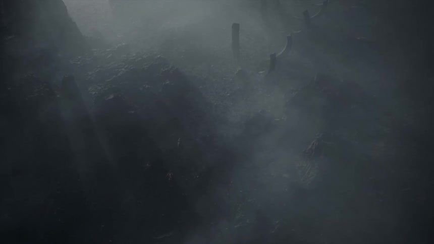 Three figures travel in the dense fog below