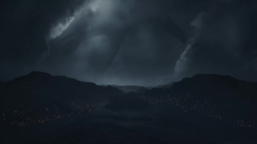 A landscape with mountains the sky clouds and lightning in the background