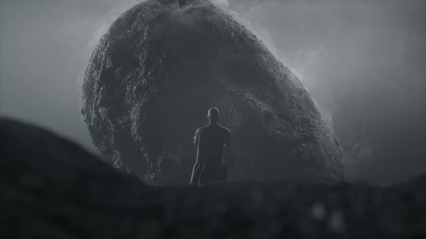 A man sitting in front of a large rock