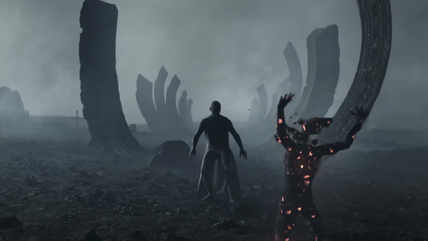 Computer graphic animation of a man wearing a cape escaping crubmling smoldering people in a dark landscape