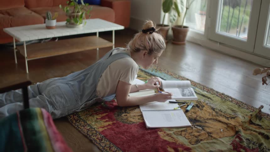 A teenager working on notes