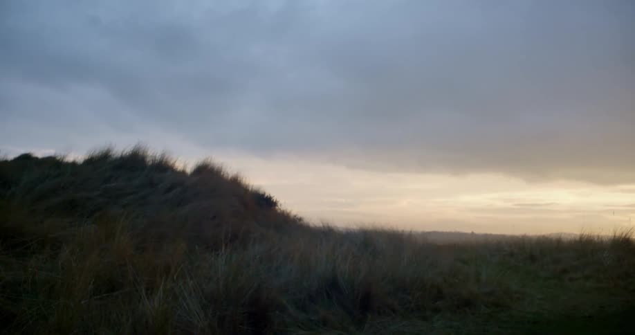 Grassy hill and field with a cloudy sky