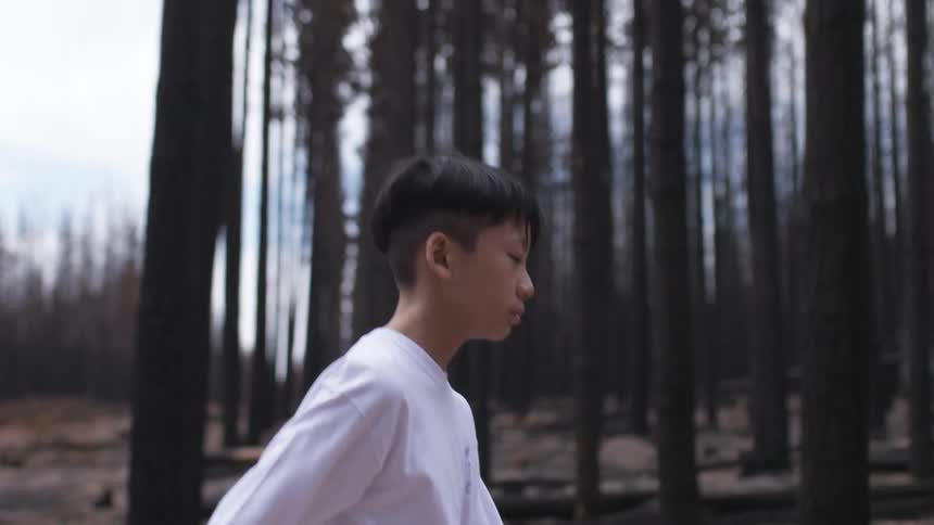 A boy is hiking through the woods