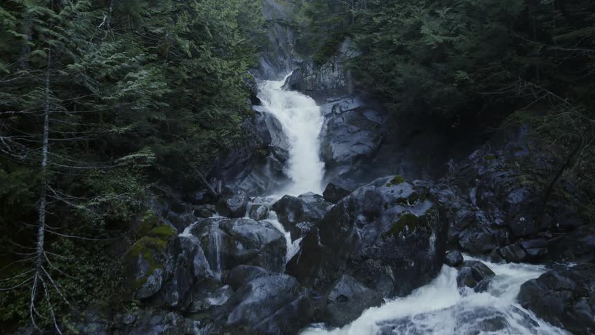 Ascending up a beautiful rocky waterfall that flows through a lush green forest