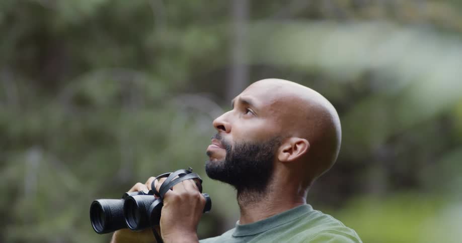 A man with binoculars in a forest with plants and trees
