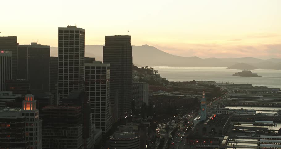 Aerial shot of a city by the ocean