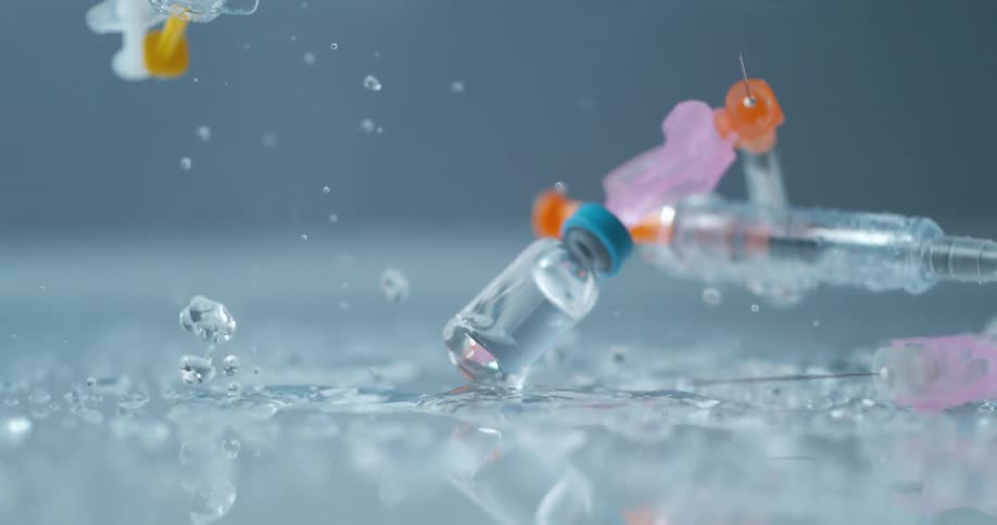 Syringes and ampoules bouncing up and down on a wet reflective surface