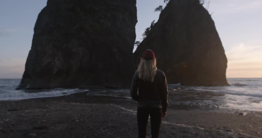 A woman is standing by the shore at sunset