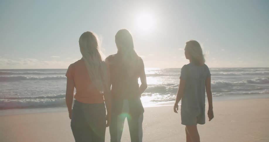 A group of three women walking on the beach and taking a photo