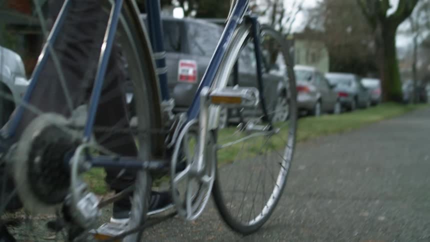 A person walking with a bicycle on the sidewalk of a neighborhood at daytime