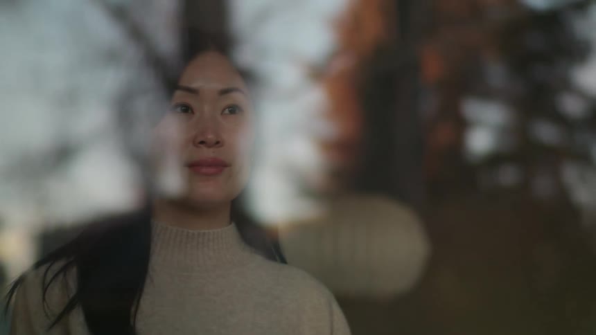 Trees reflect in a window as a woman stands and looks outside