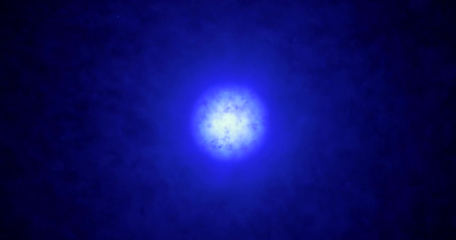 A bright light shines behind white smoke inside a blue circle surrounded by darker blue smoke