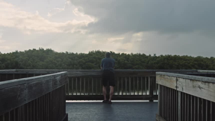 A man stands on a pier and leans onto a ledge
