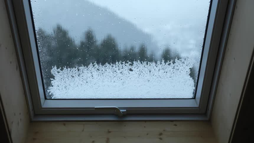 A window with ice and snow and water with trees the sky and clouds in the background