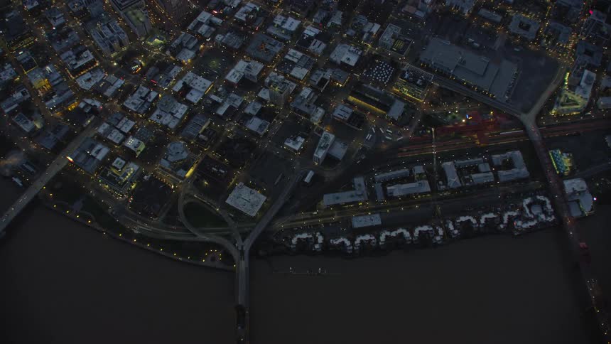 Blue hour look down shot on the river front and bridges of the Willamette River in downtown Portland Oregon