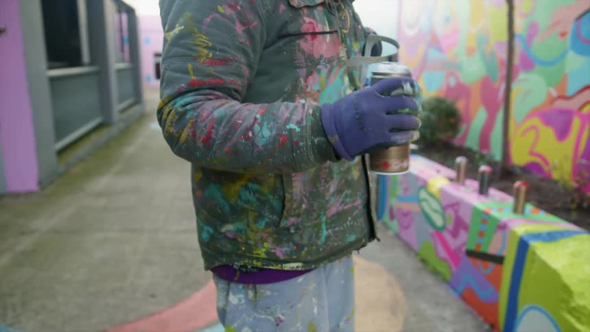 An artist shakes a can of spray paint while working on an outdoor mural