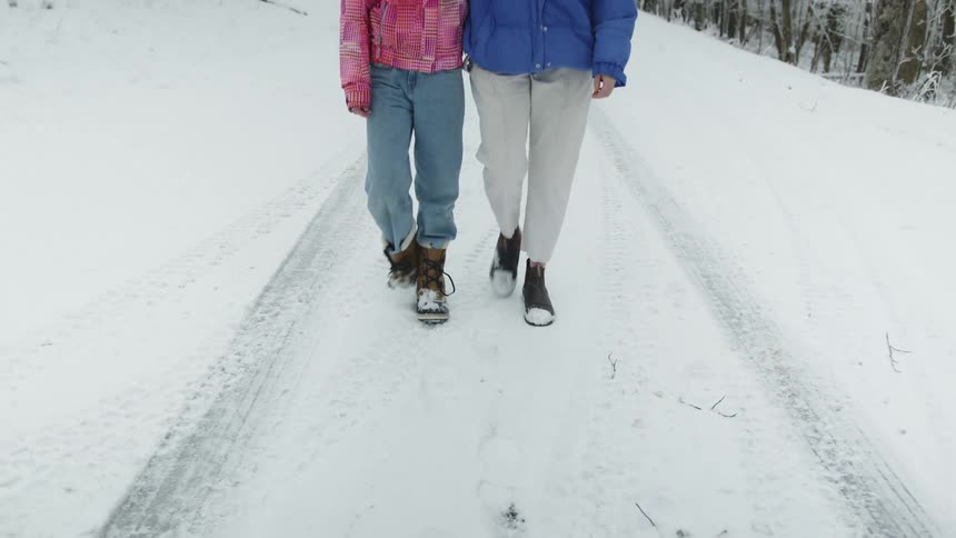 Women walking down a snowy path