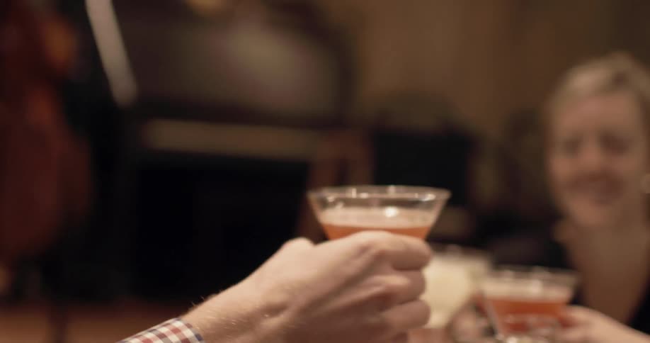 A waitress serving drinks to customers who proceed to toast