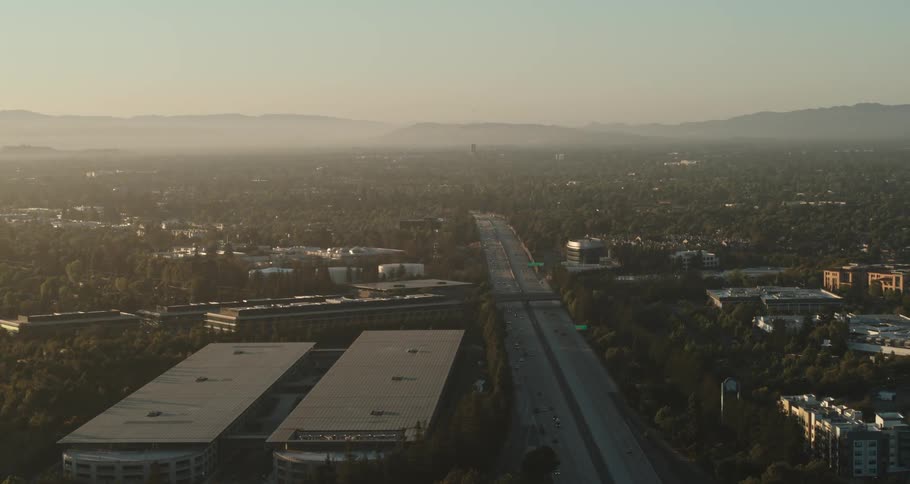 Aerial view of a downtown city is displayed at dusk