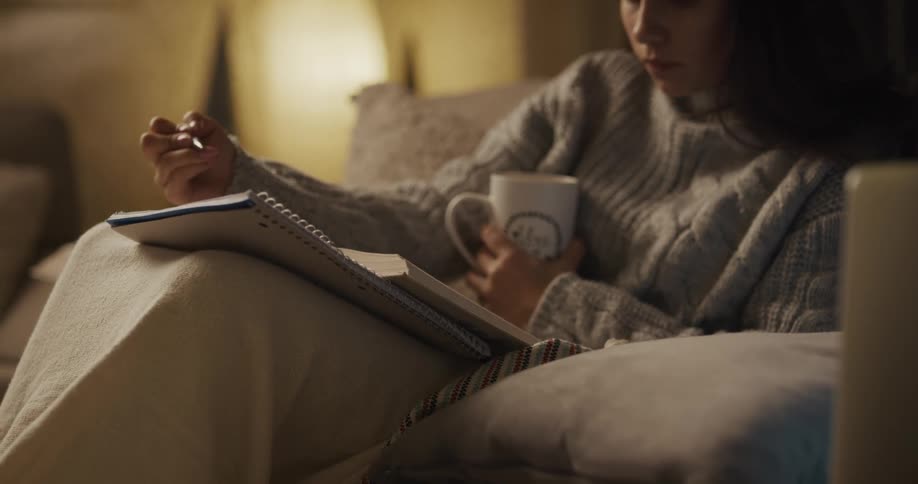 Brunette woman with grey pullover sitting on sofa drinks a cup of coffee and writes in notebook in the living room at home
