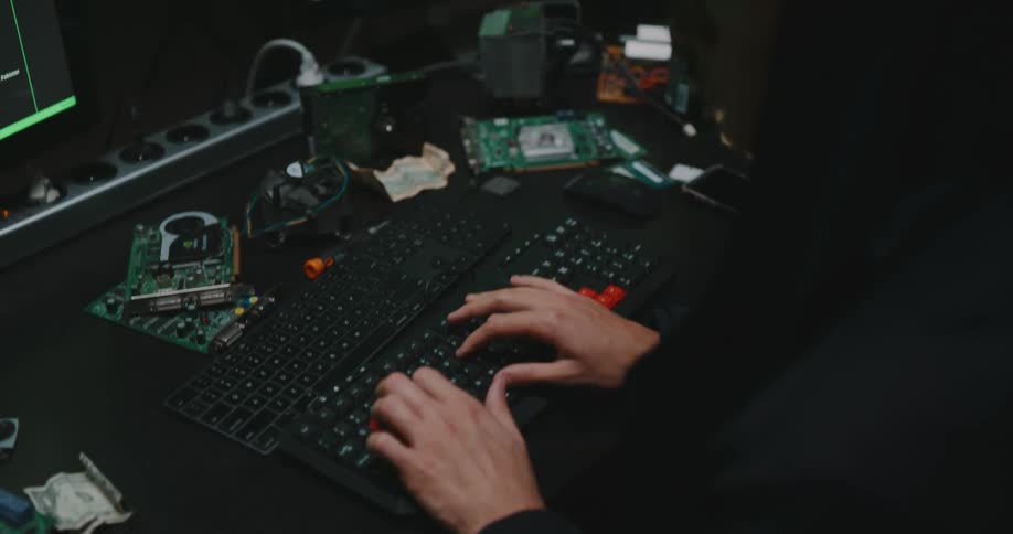 A man in an office sits at a desk surrounded by computers and types