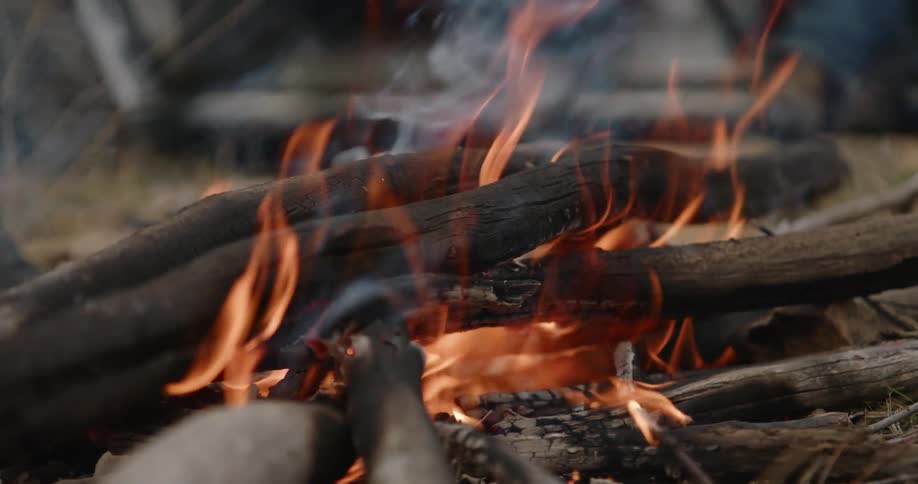 Flames from burning wood fire and smoke rising